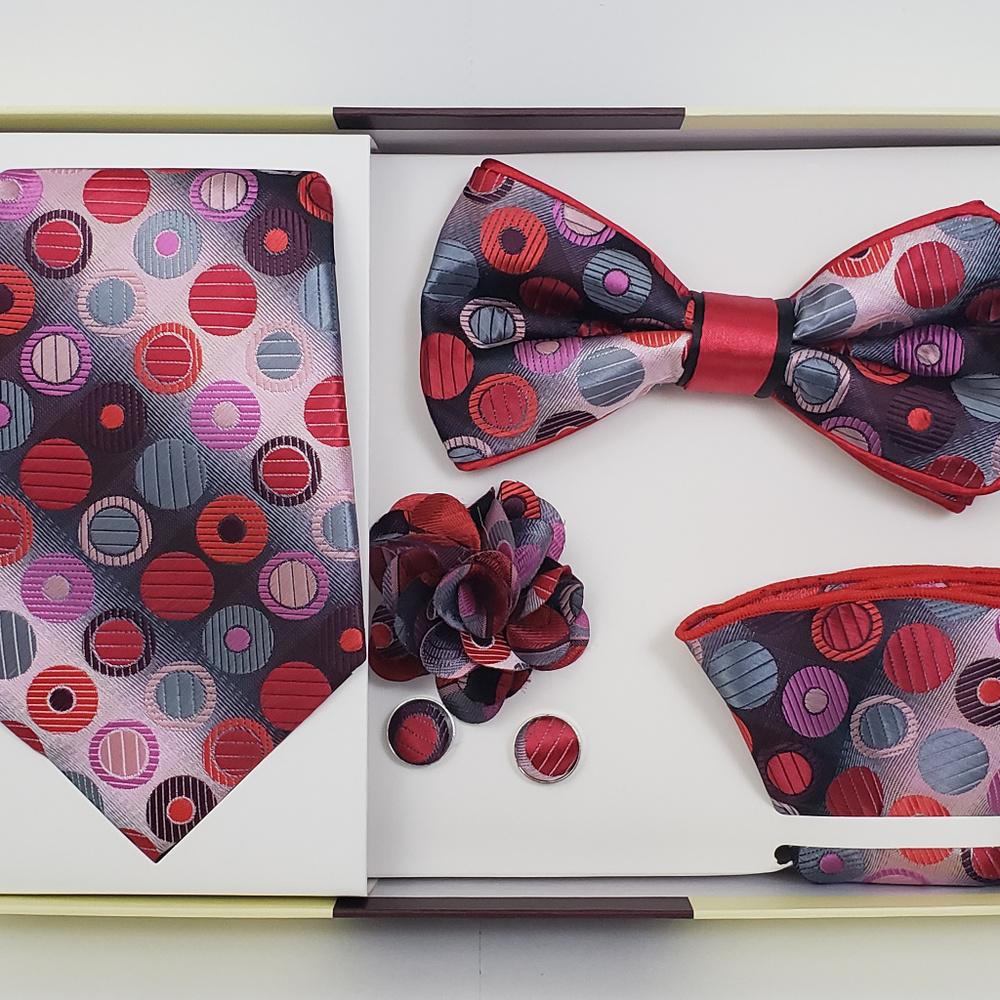 Red Bow Tie & Necktie Bud Hanky Cuff Link Set